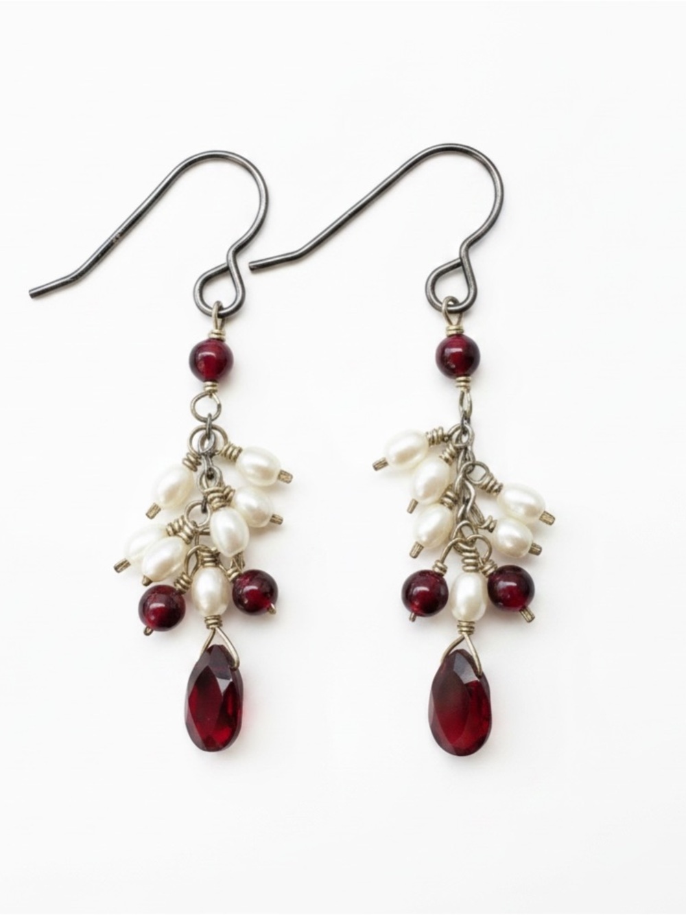 Sterling Silver Pearl and Garnet Teardrop Dangle Earrings - SKU B